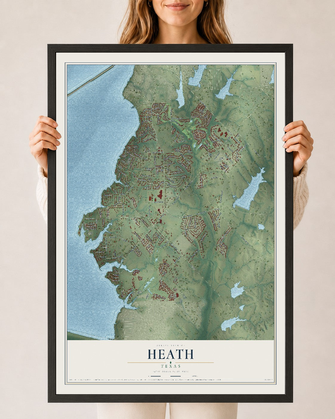 Map of Heath, Texas, 24 x 36 inch print in a black wood frame