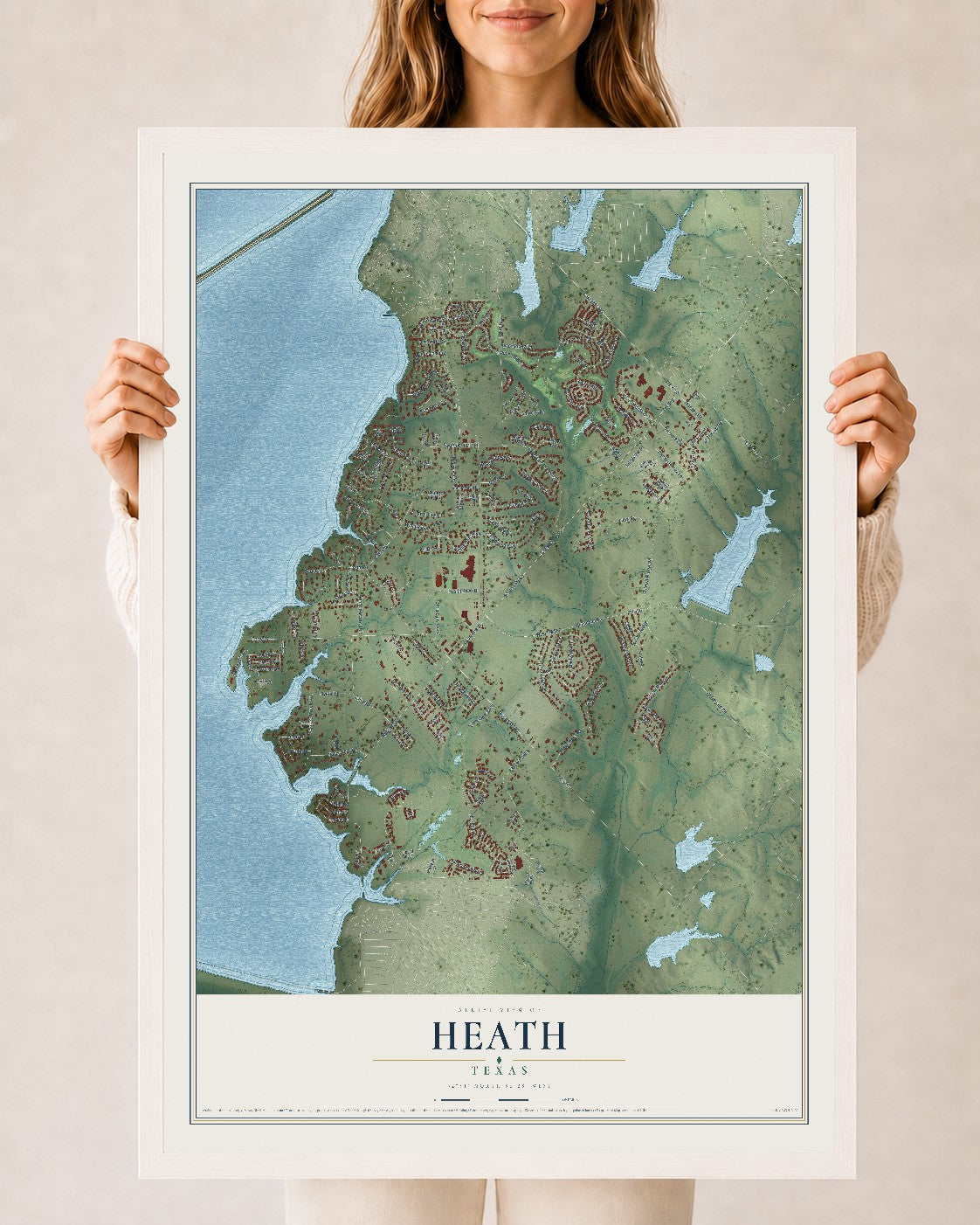 Map of Heath, Texas, 24 x 36 inch print in a white wood frame