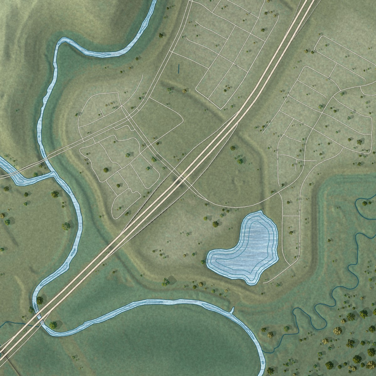 Close-up of the map of Hebron, Texas print showing street and building detail