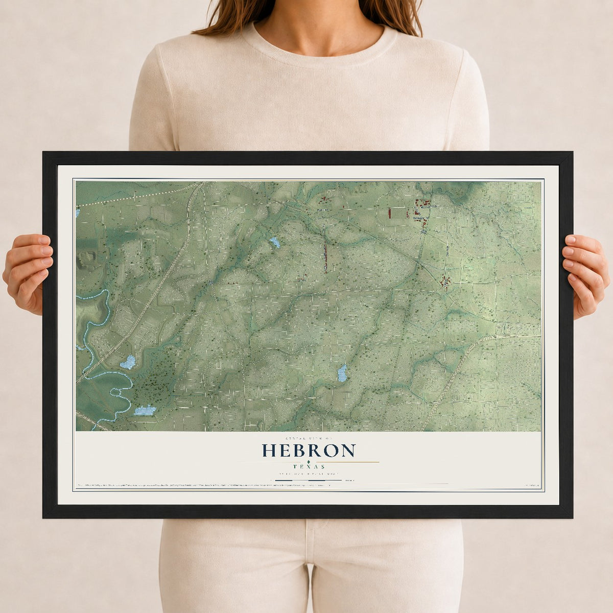 Map of Hebron, Texas, 12 x 18 inch print in a black wood frame
