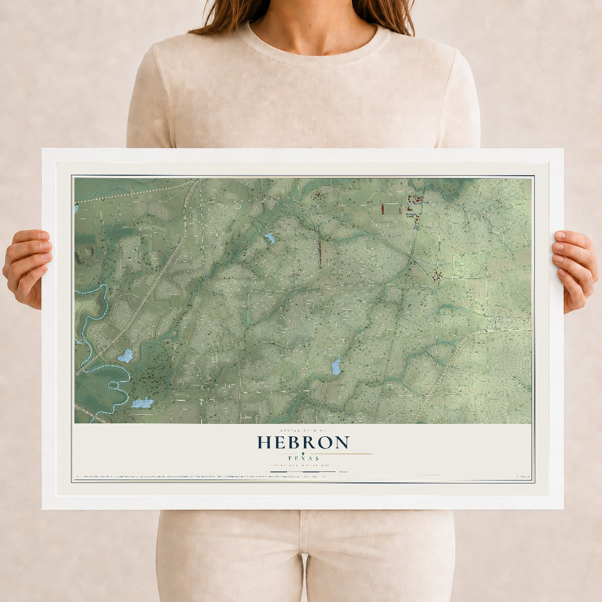 Map of Hebron, Texas, 12 x 18 inch print in a white wood frame