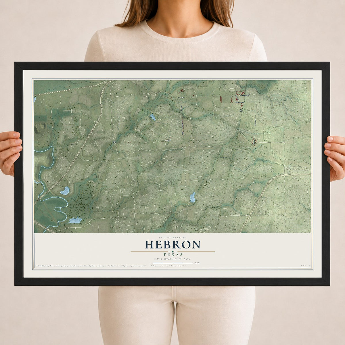 Map of Hebron, Texas, 18 x 24 inch print in a black wood frame