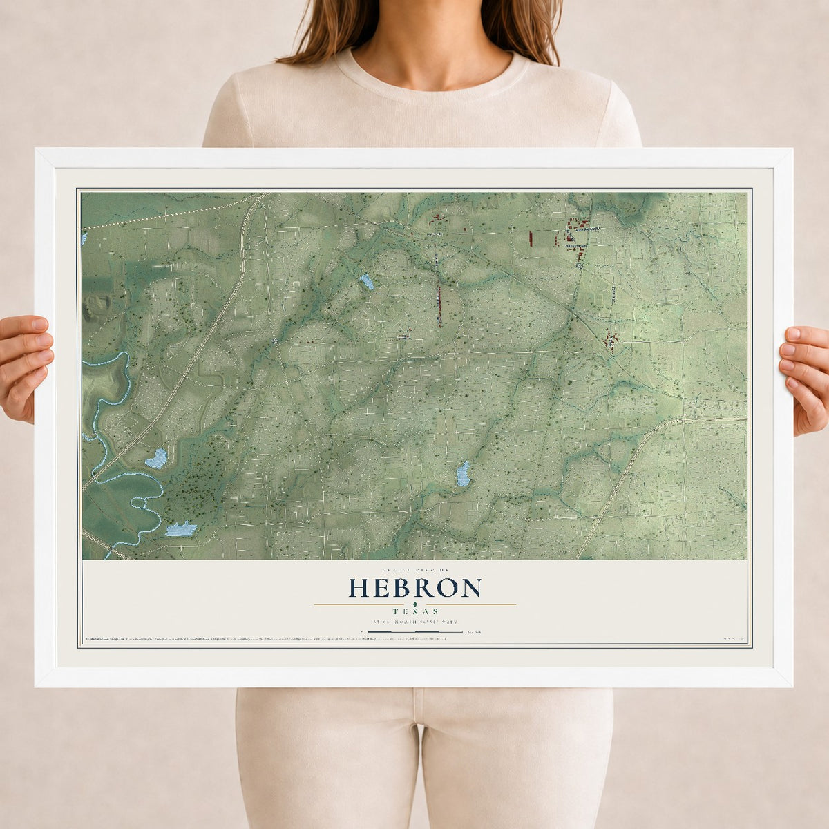 Map of Hebron, Texas, 18 x 24 inch print in a white wood frame