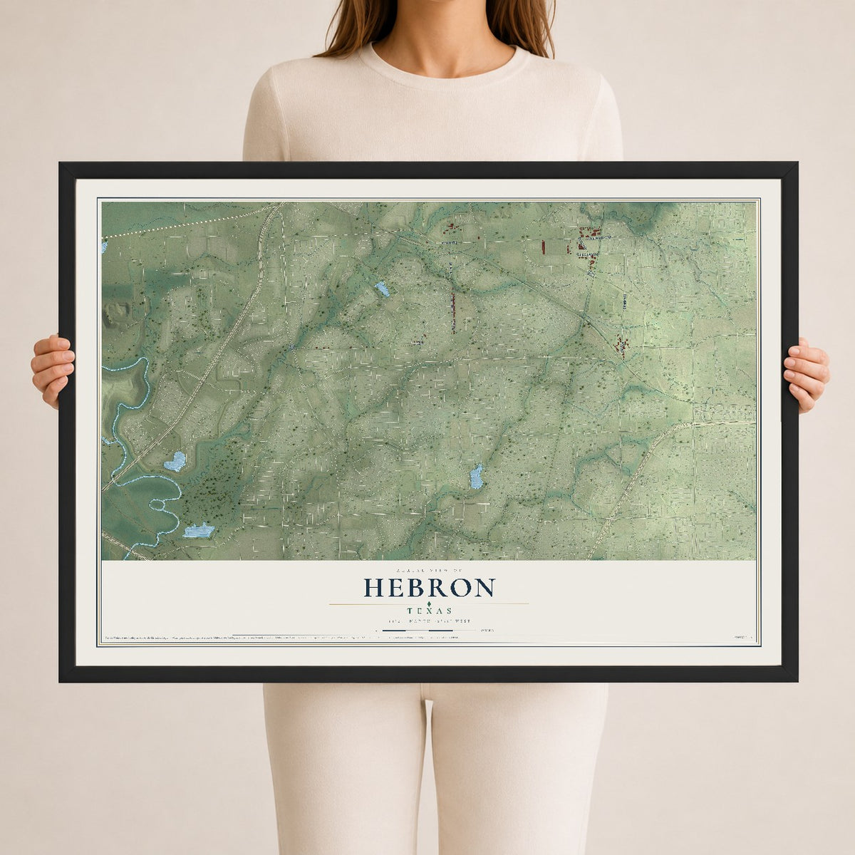 Map of Hebron, Texas, 24 x 36 inch print in a black wood frame
