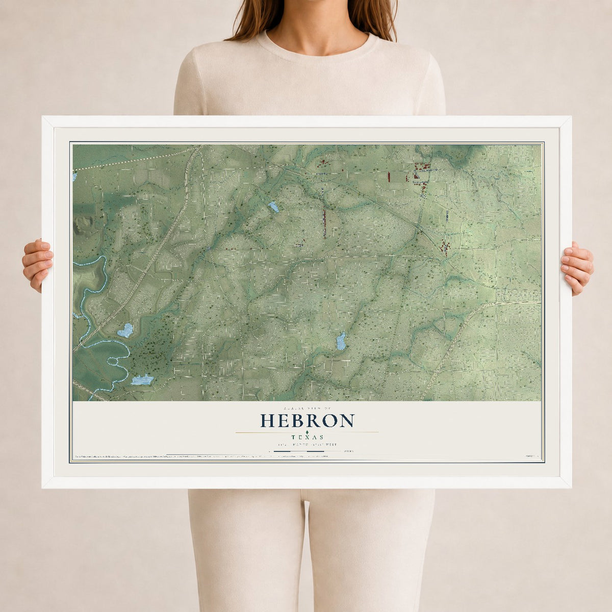 Map of Hebron, Texas, 24 x 36 inch print in a white wood frame