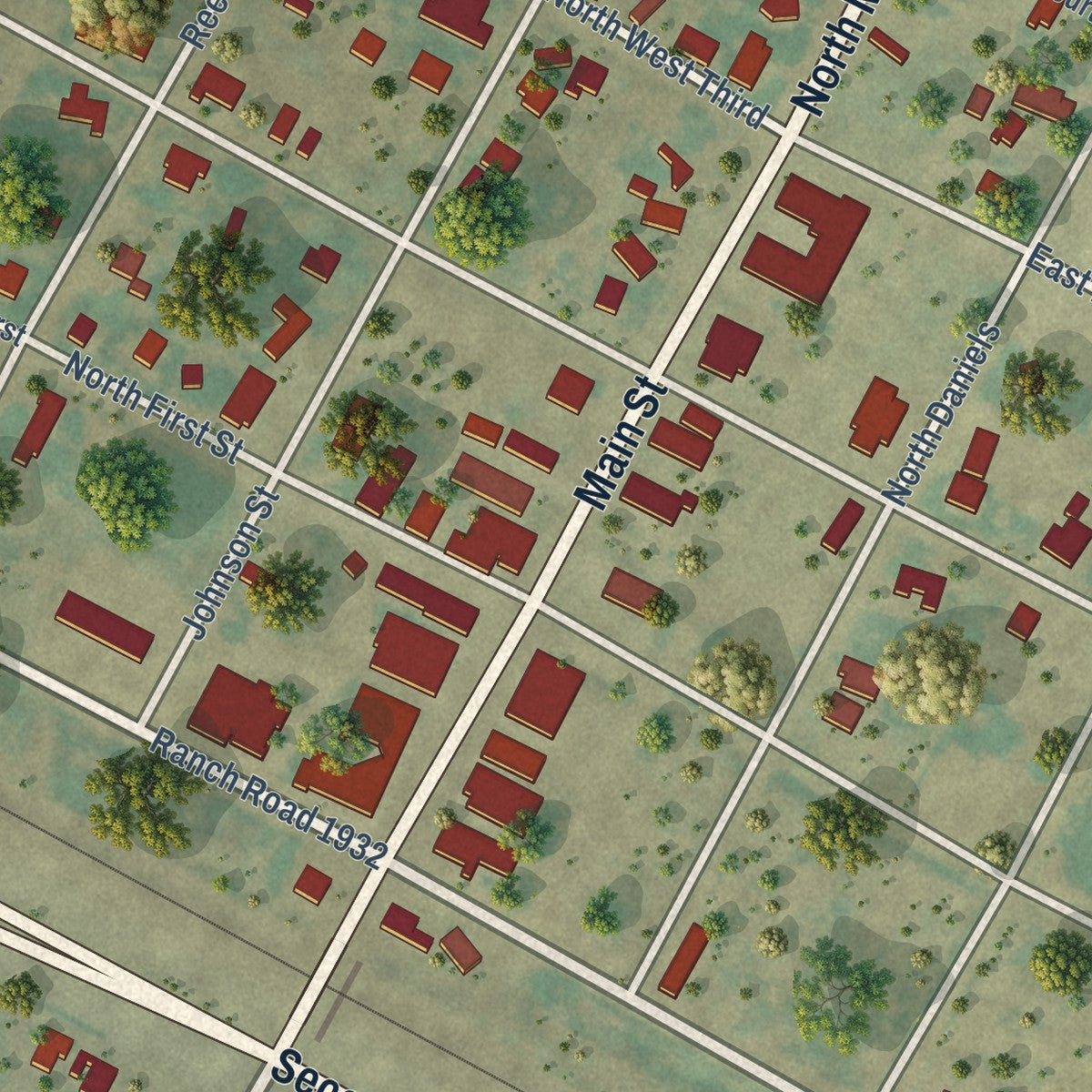 Close-up of the map of Hedley, Texas print showing street and building detail