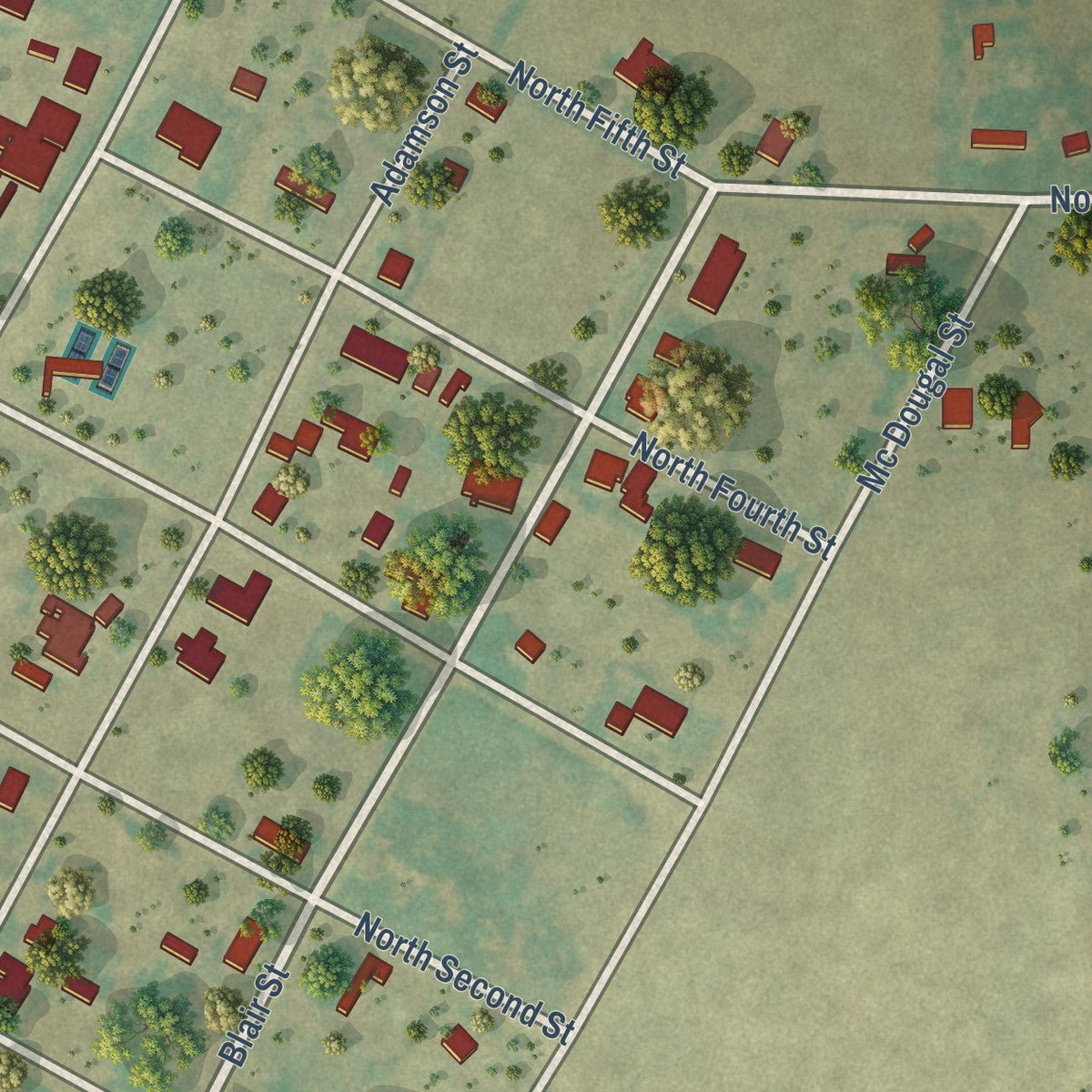 Second close-up of the map of Hedley, Texas print showing more streets and buildings