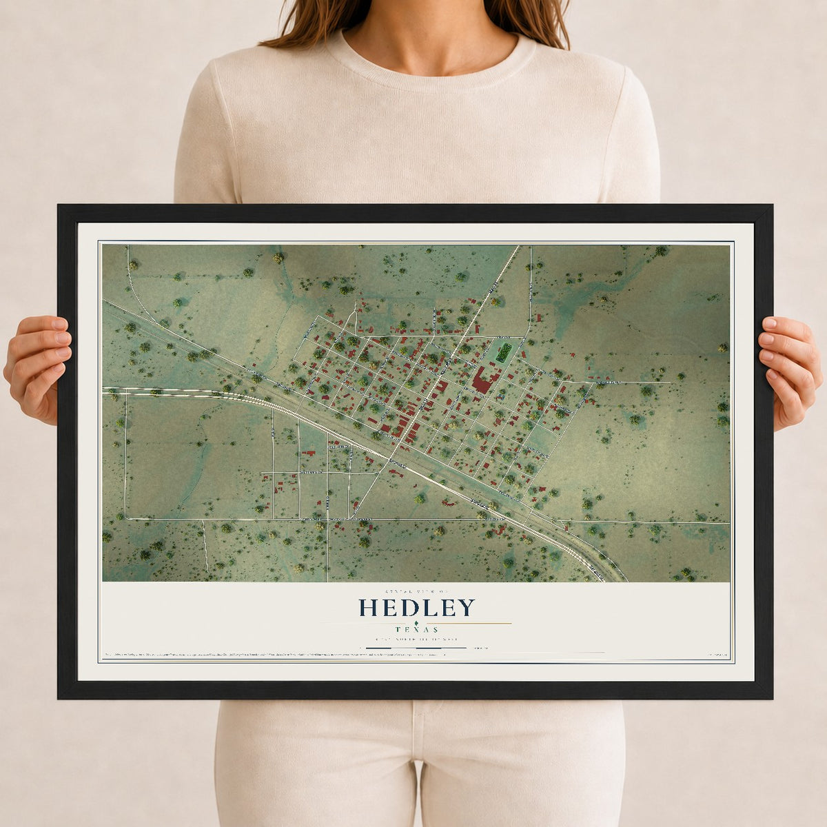 Map of Hedley, Texas, 12 x 18 inch print in a black wood frame