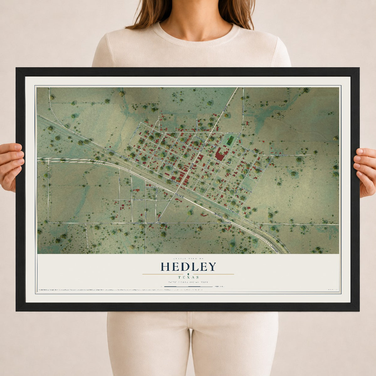 Map of Hedley, Texas, 18 x 24 inch print in a black wood frame