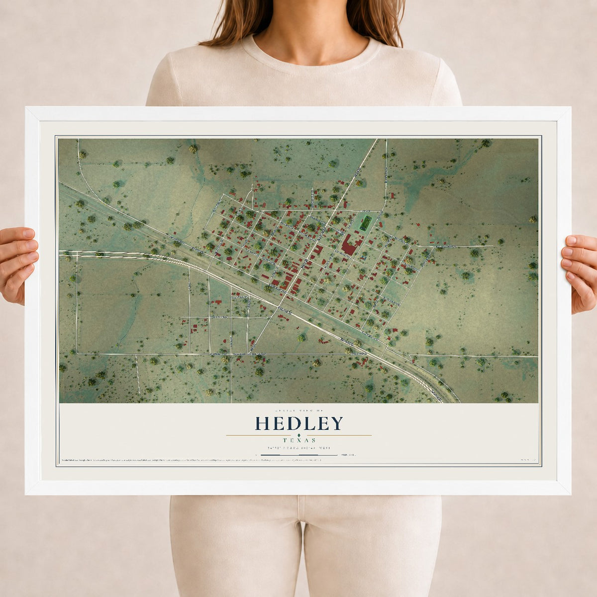 Map of Hedley, Texas, 18 x 24 inch print in a white wood frame