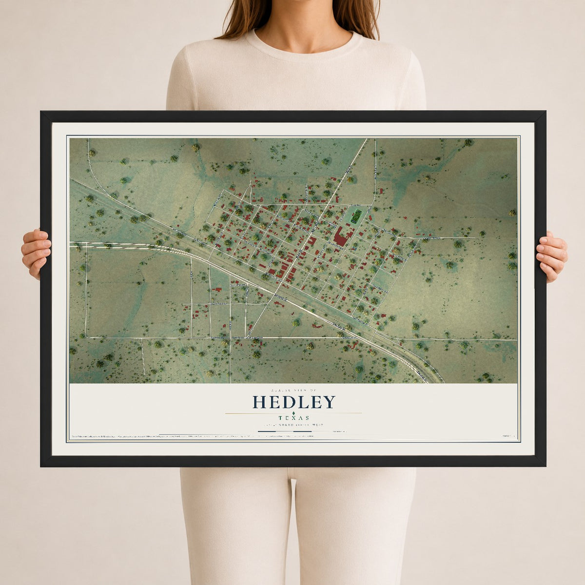 Map of Hedley, Texas, 24 x 36 inch print in a black wood frame