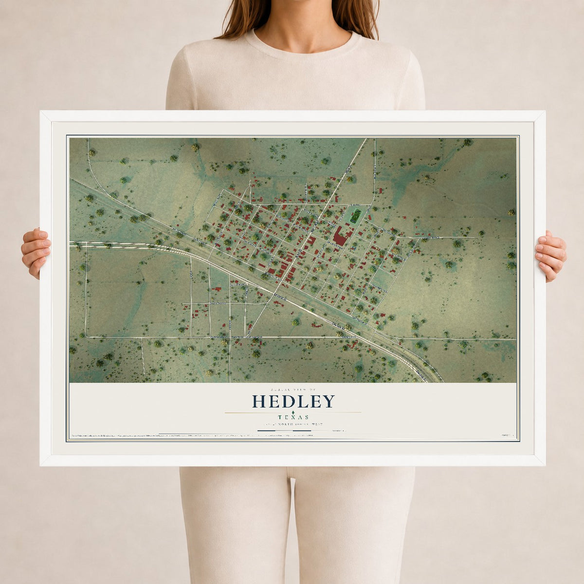 Map of Hedley, Texas, 24 x 36 inch print in a white wood frame
