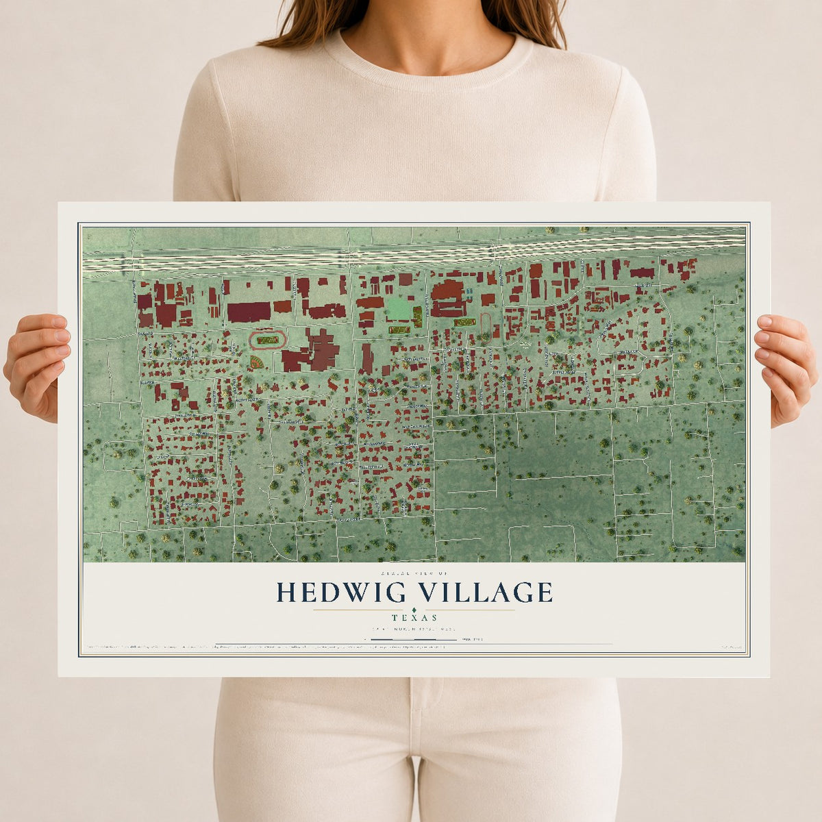 Map of Hedwig Village, Texas, 12 x 18 inch unframed archival matte print