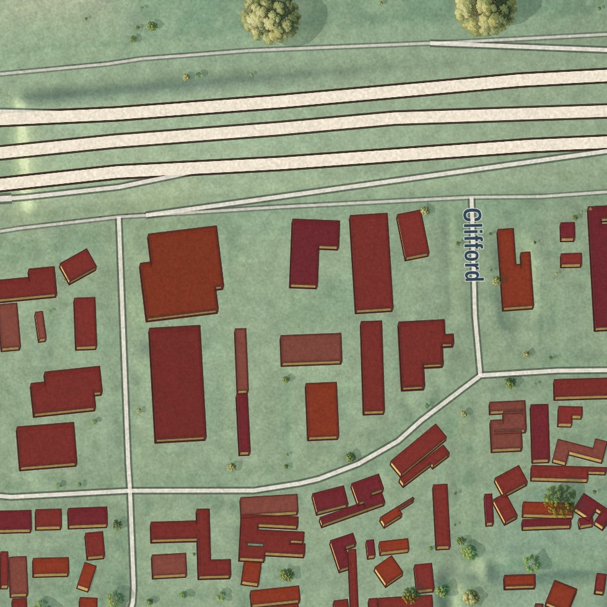 Close-up of the map of Hedwig Village, Texas print showing street and building detail