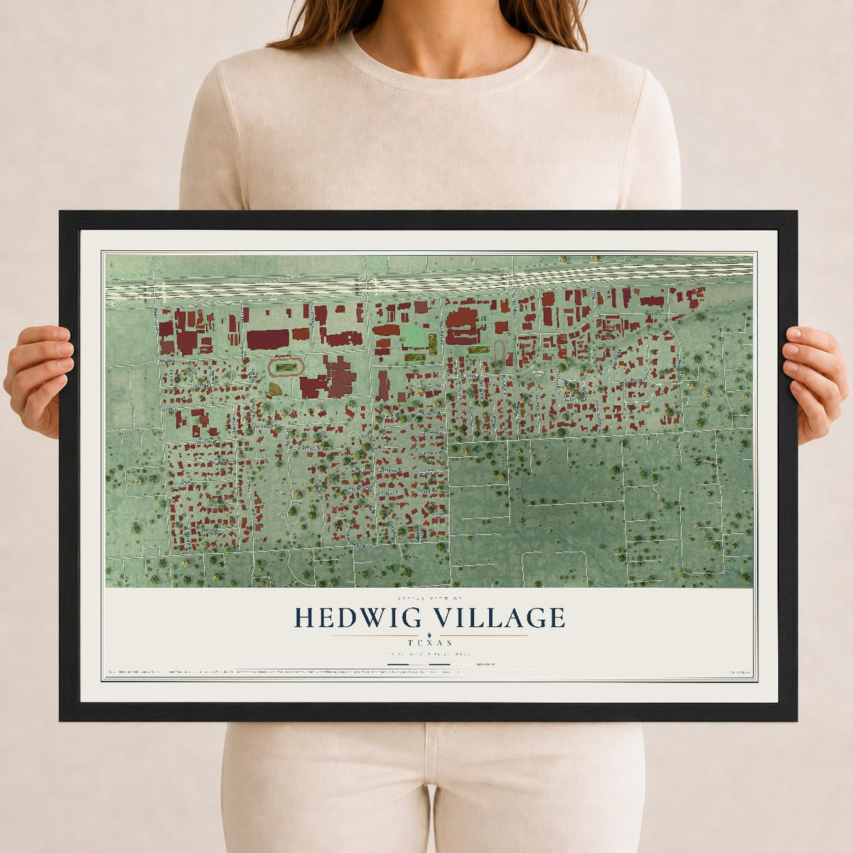 Map of Hedwig Village, Texas, 12 x 18 inch print in a black wood frame