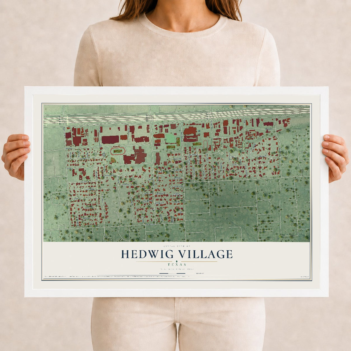 Map of Hedwig Village, Texas, 12 x 18 inch print in a white wood frame