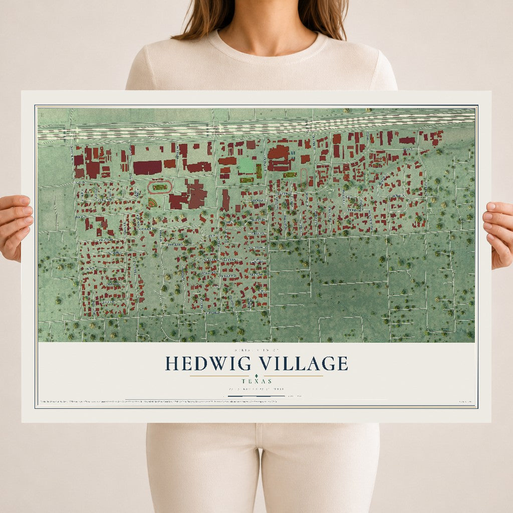 Map of Hedwig Village, Texas, 18 x 24 inch unframed archival matte print