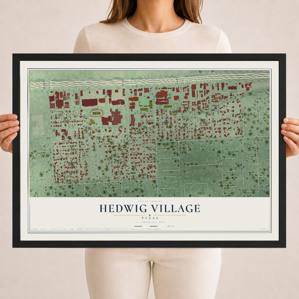 Map of Hedwig Village, Texas, 18 x 24 inch print in a black wood frame