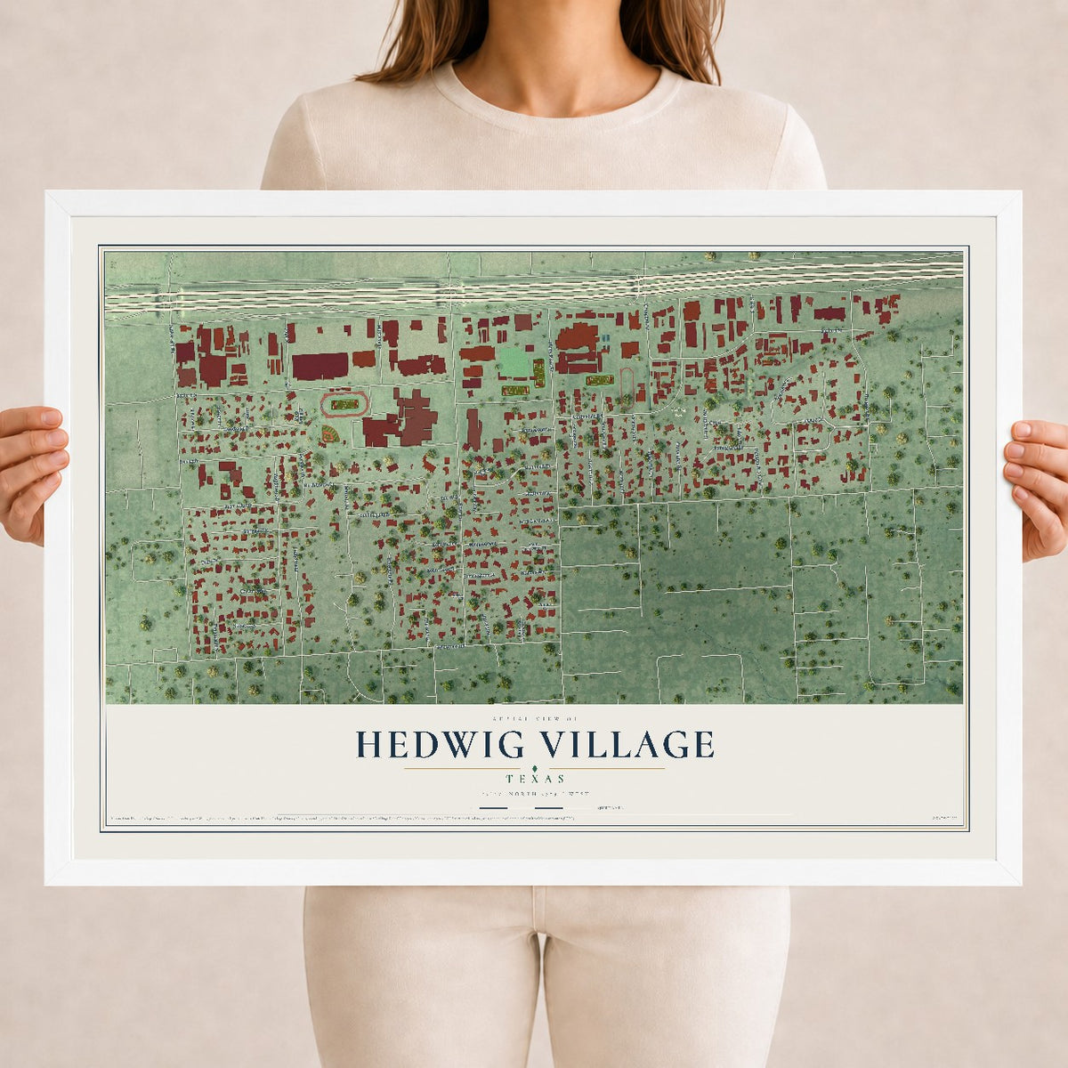 Map of Hedwig Village, Texas, 18 x 24 inch print in a white wood frame