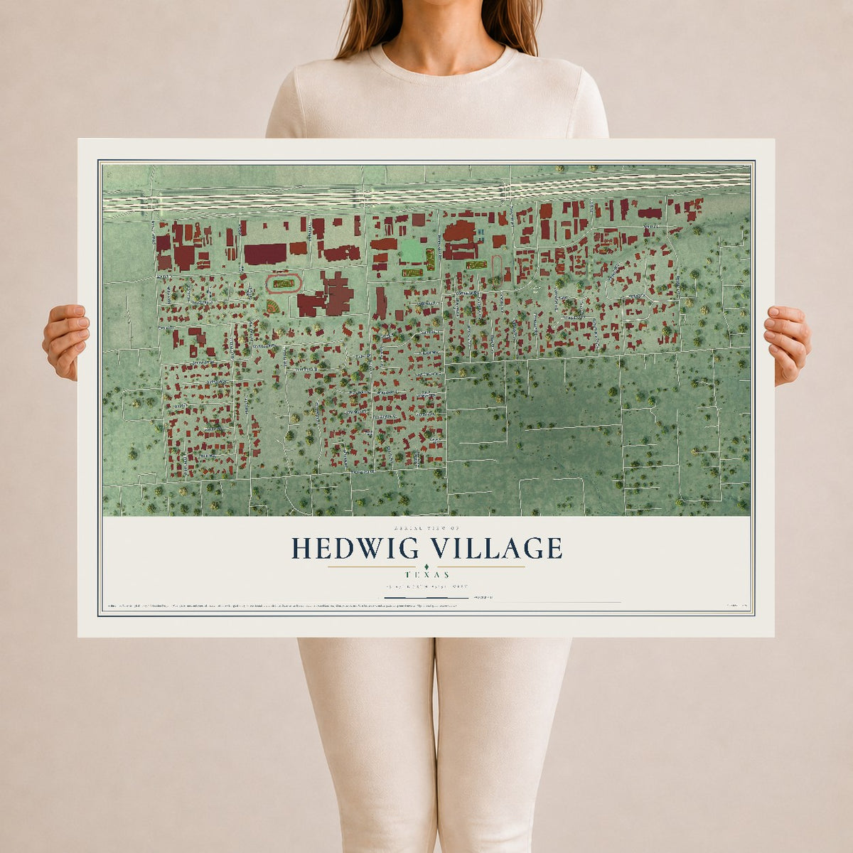 Map of Hedwig Village, Texas, 24 x 36 inch unframed archival matte print