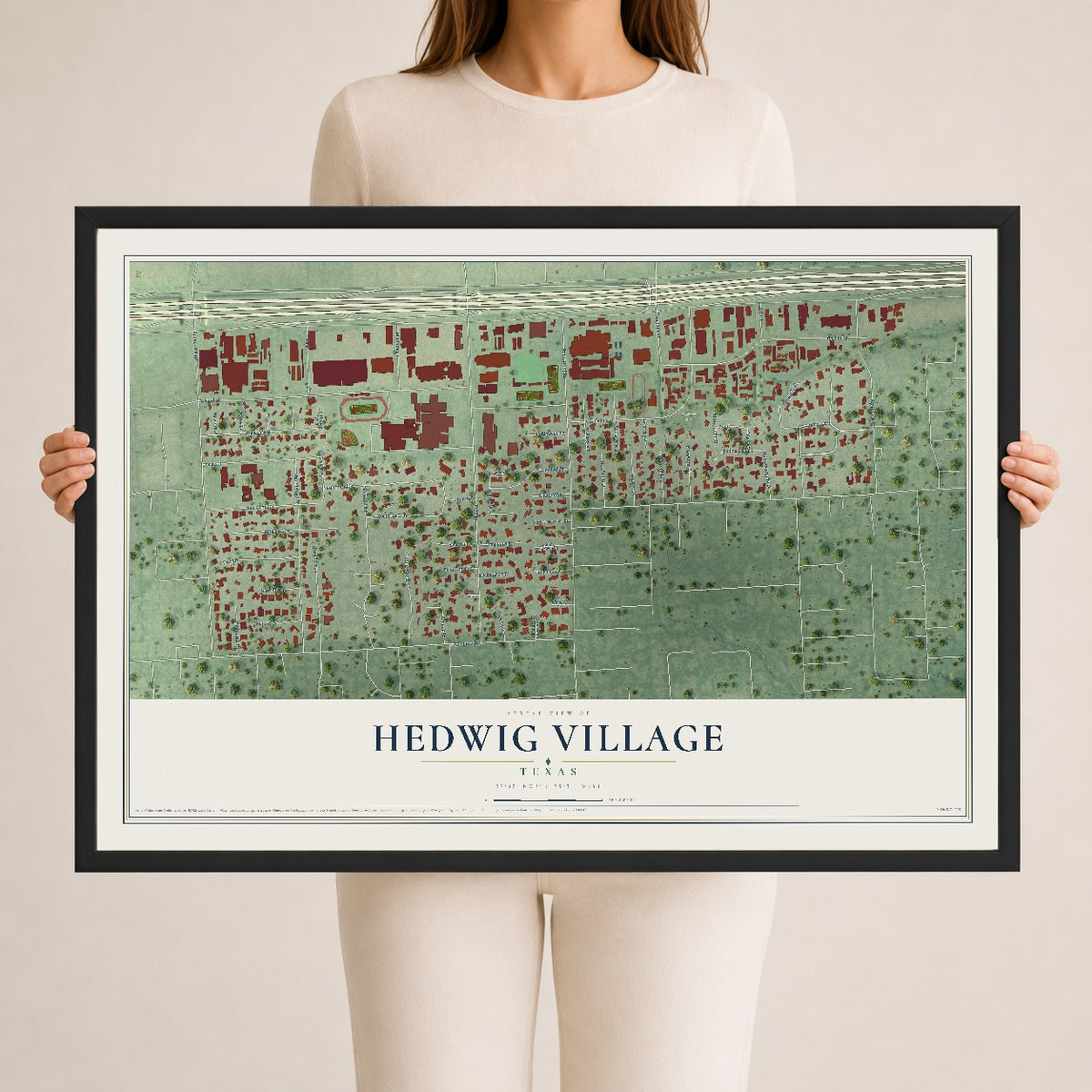 Map of Hedwig Village, Texas, 24 x 36 inch print in a black wood frame