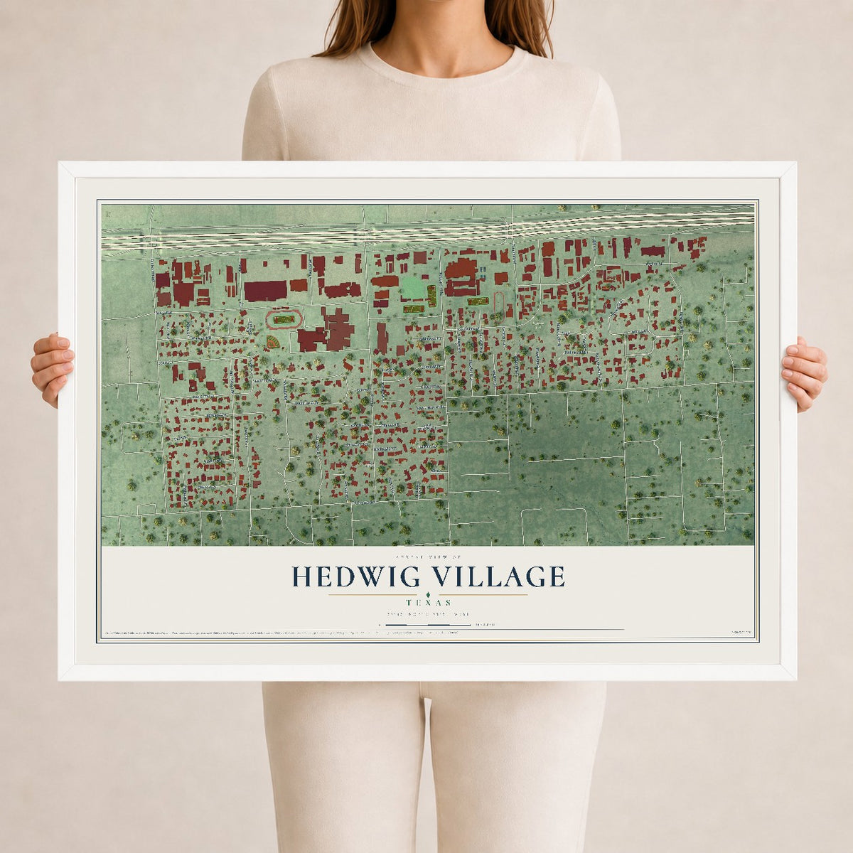 Map of Hedwig Village, Texas, 24 x 36 inch print in a white wood frame