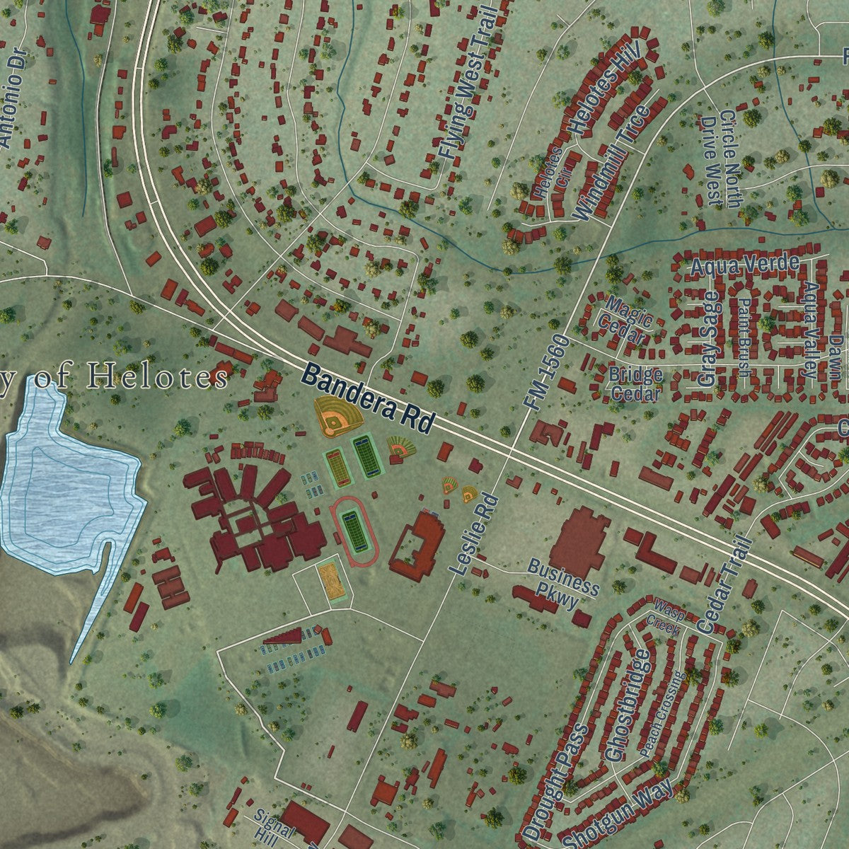 Close-up of the map of Helotes, Texas print showing street and building detail