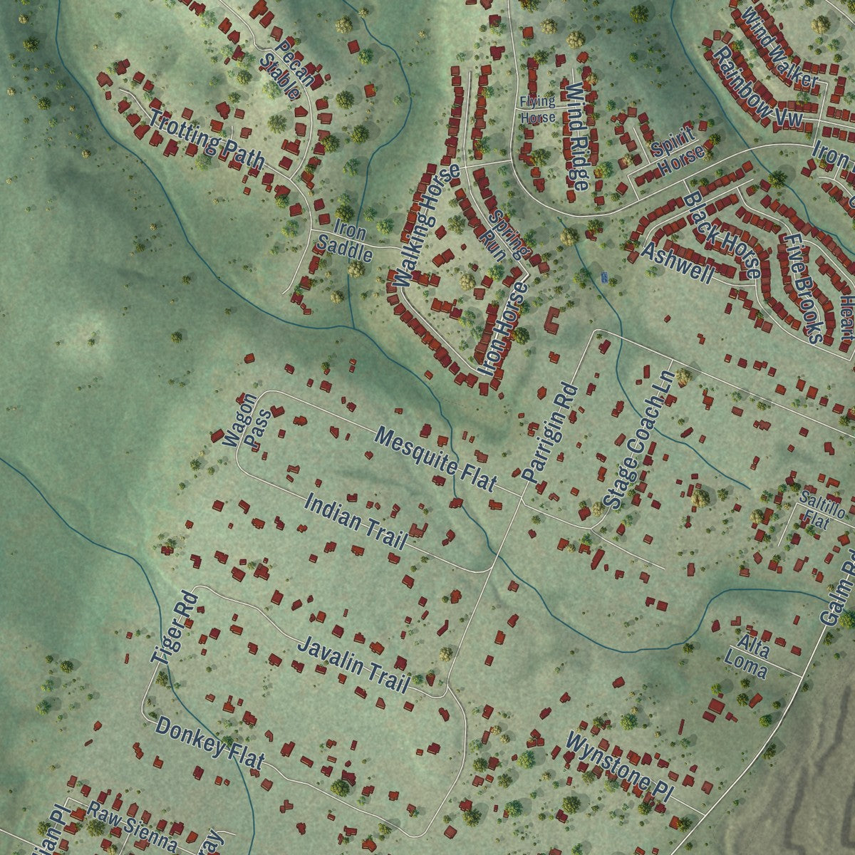 Second close-up of the map of Helotes, Texas print showing more streets and buildings