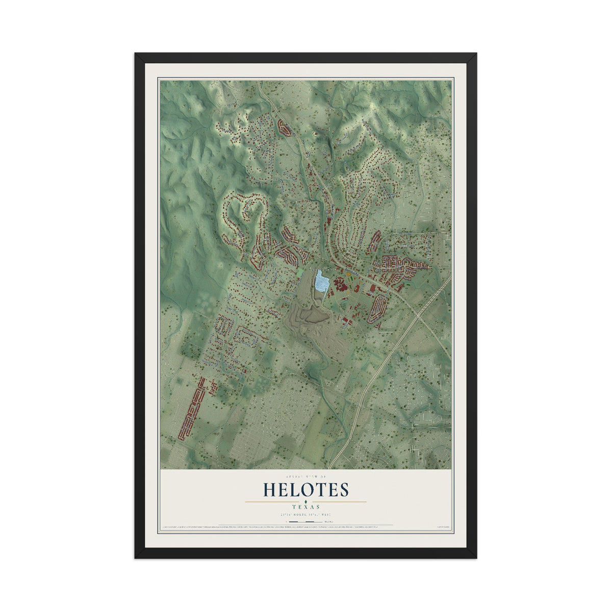 Map of Helotes, Texas, 12 x 18 inch print in a black wood frame