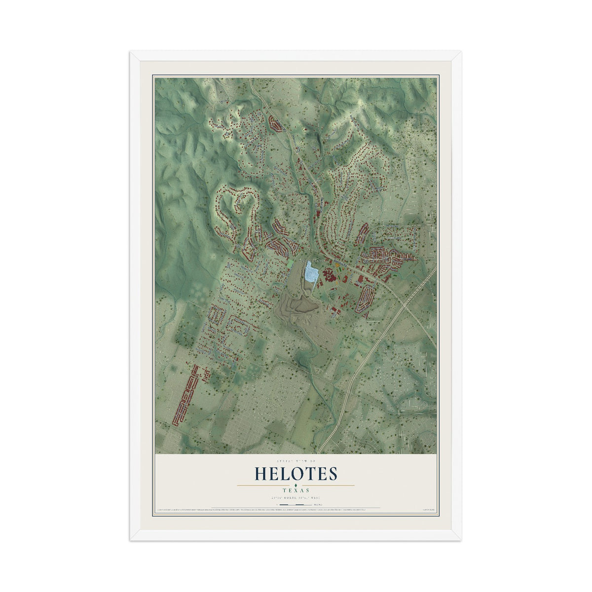 Map of Helotes, Texas, 12 x 18 inch print in a white wood frame