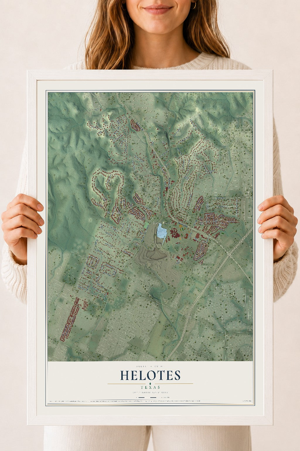 Map of Helotes, Texas, 18 x 24 inch print in a white wood frame
