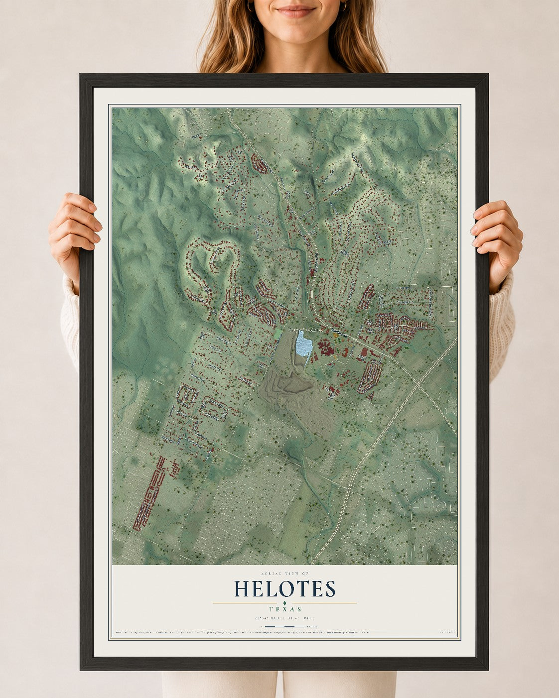 Map of Helotes, Texas, 24 x 36 inch print in a black wood frame