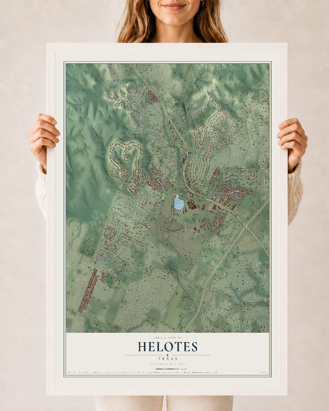 Map of Helotes, Texas, 24 x 36 inch print in a white wood frame