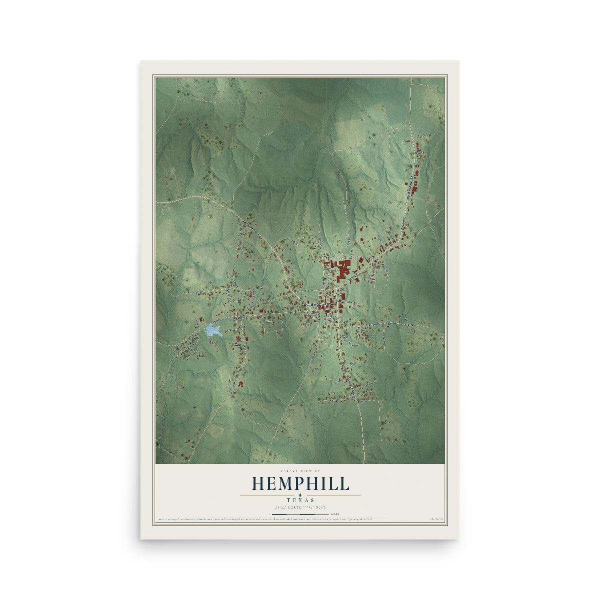Map of Hemphill, Texas, 12 x 18 inch unframed archival matte print