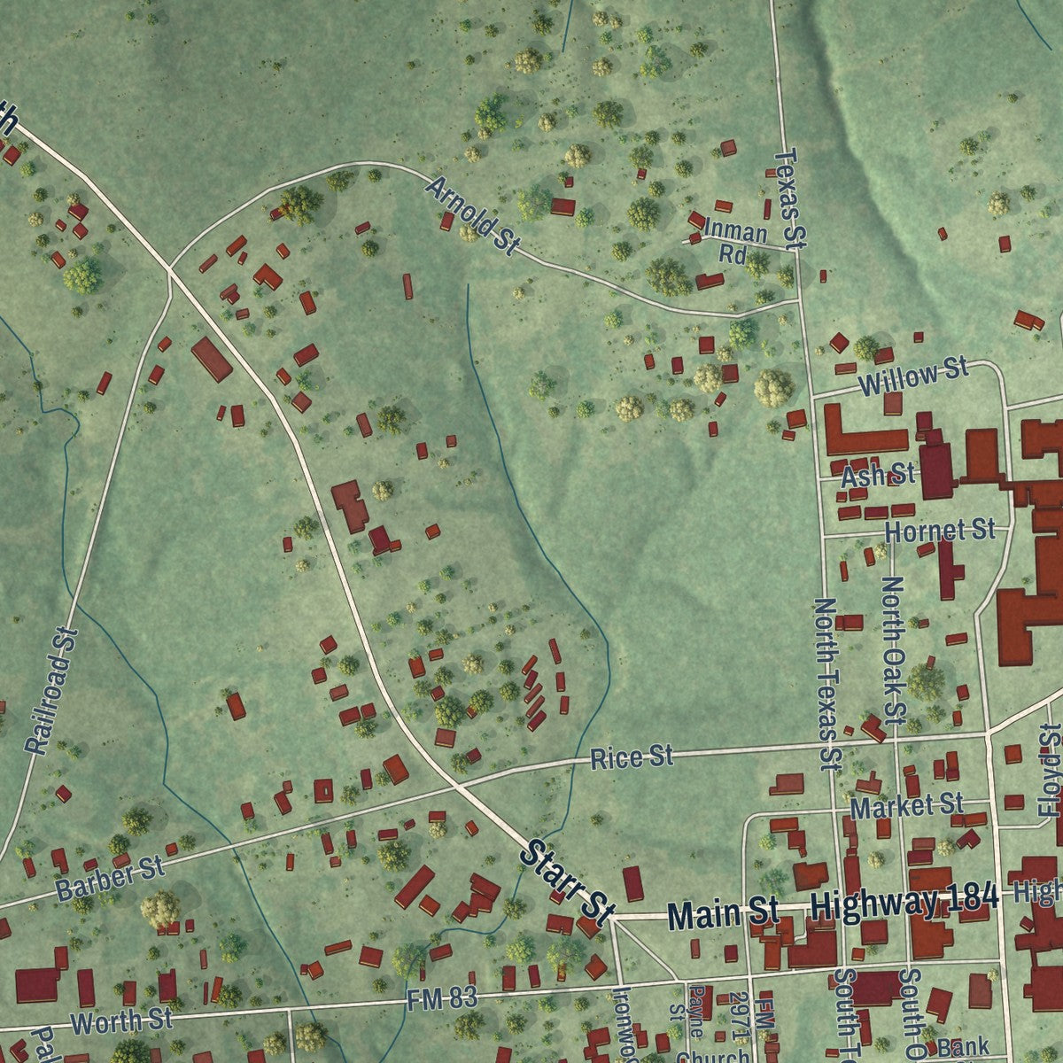 Close-up of the map of Hemphill, Texas print showing street and building detail