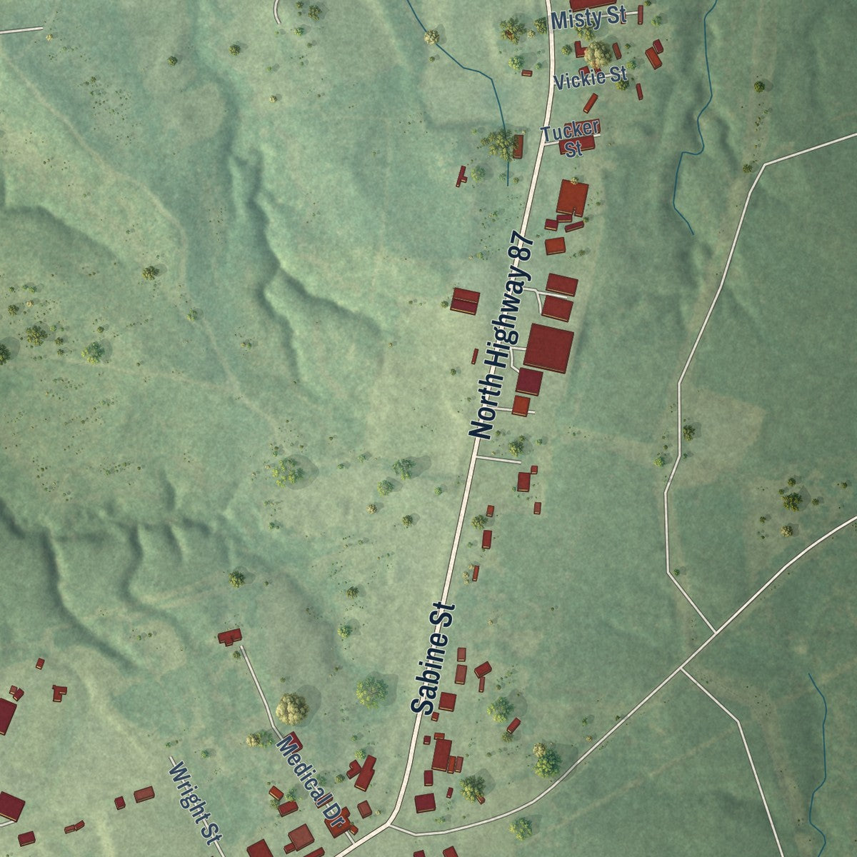 Second close-up of the map of Hemphill, Texas print showing more streets and buildings