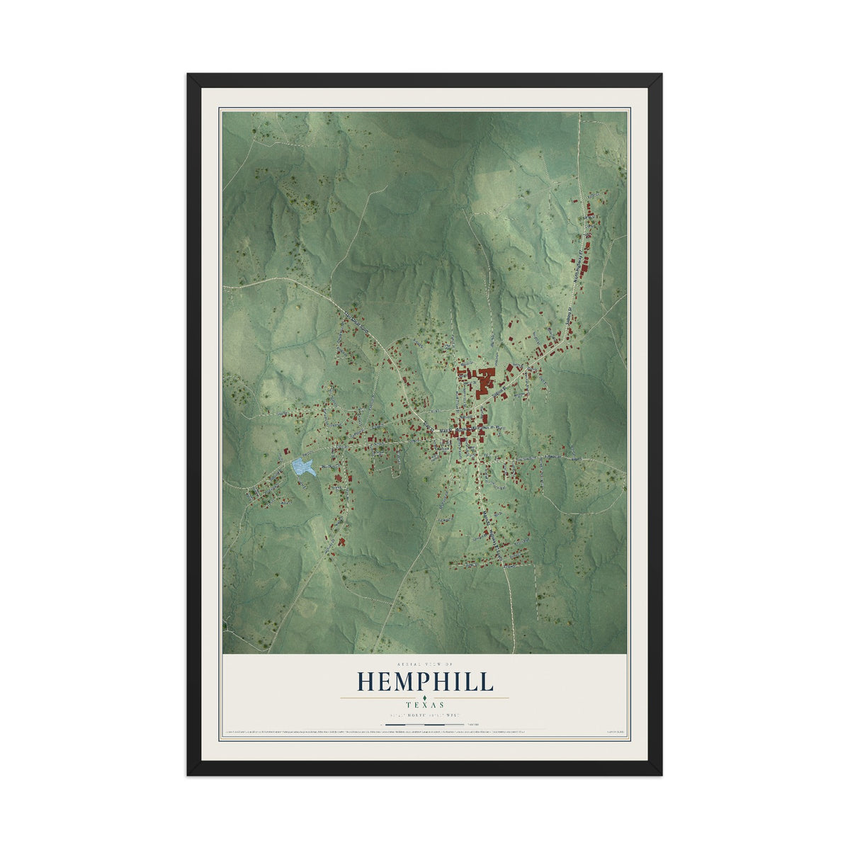 Map of Hemphill, Texas, 12 x 18 inch print in a black wood frame