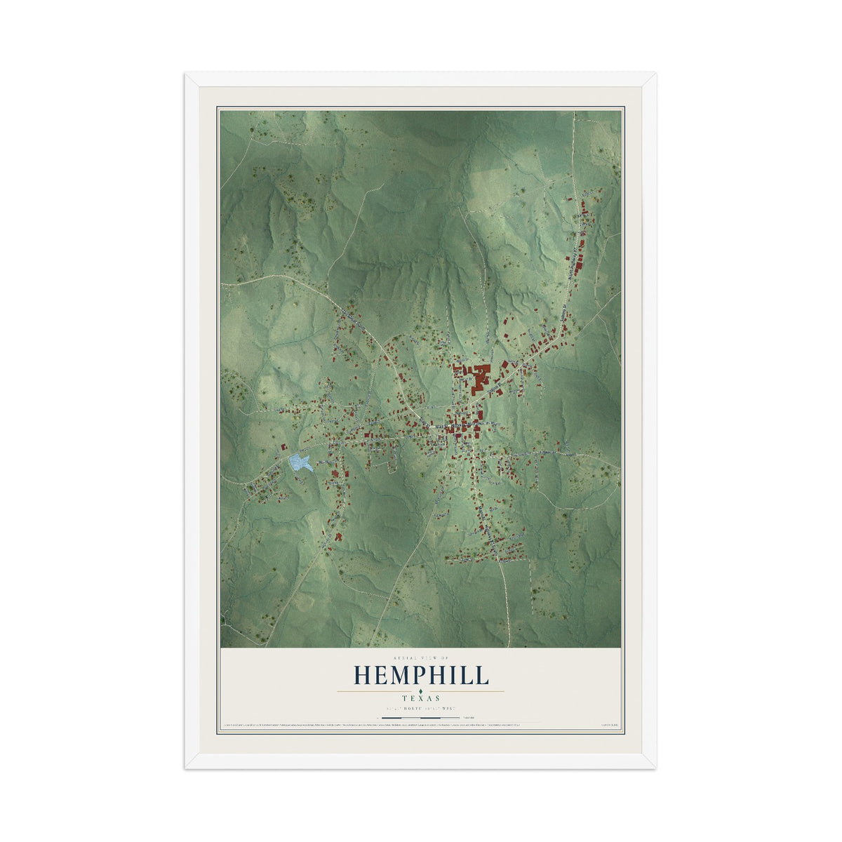 Map of Hemphill, Texas, 12 x 18 inch print in a white wood frame