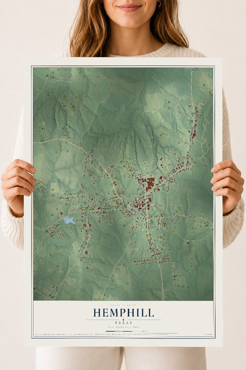 Map of Hemphill, Texas, 18 x 24 inch unframed archival matte print