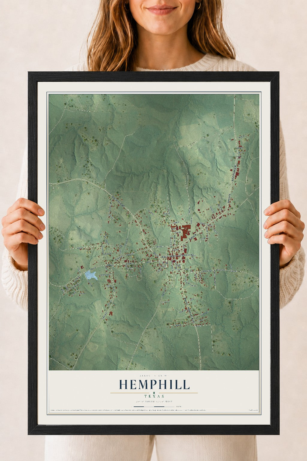Map of Hemphill, Texas, 18 x 24 inch print in a black wood frame