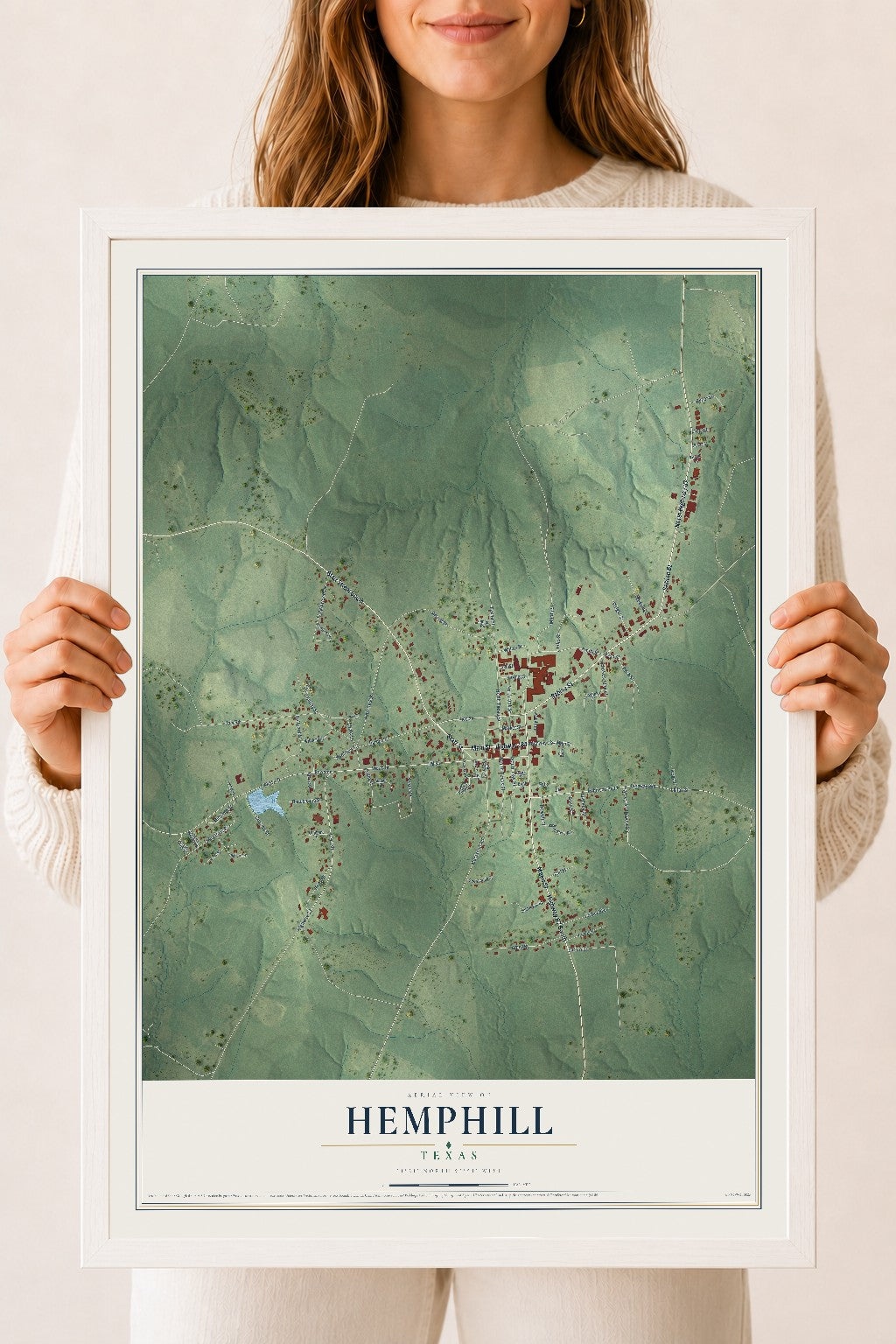 Map of Hemphill, Texas, 18 x 24 inch print in a white wood frame