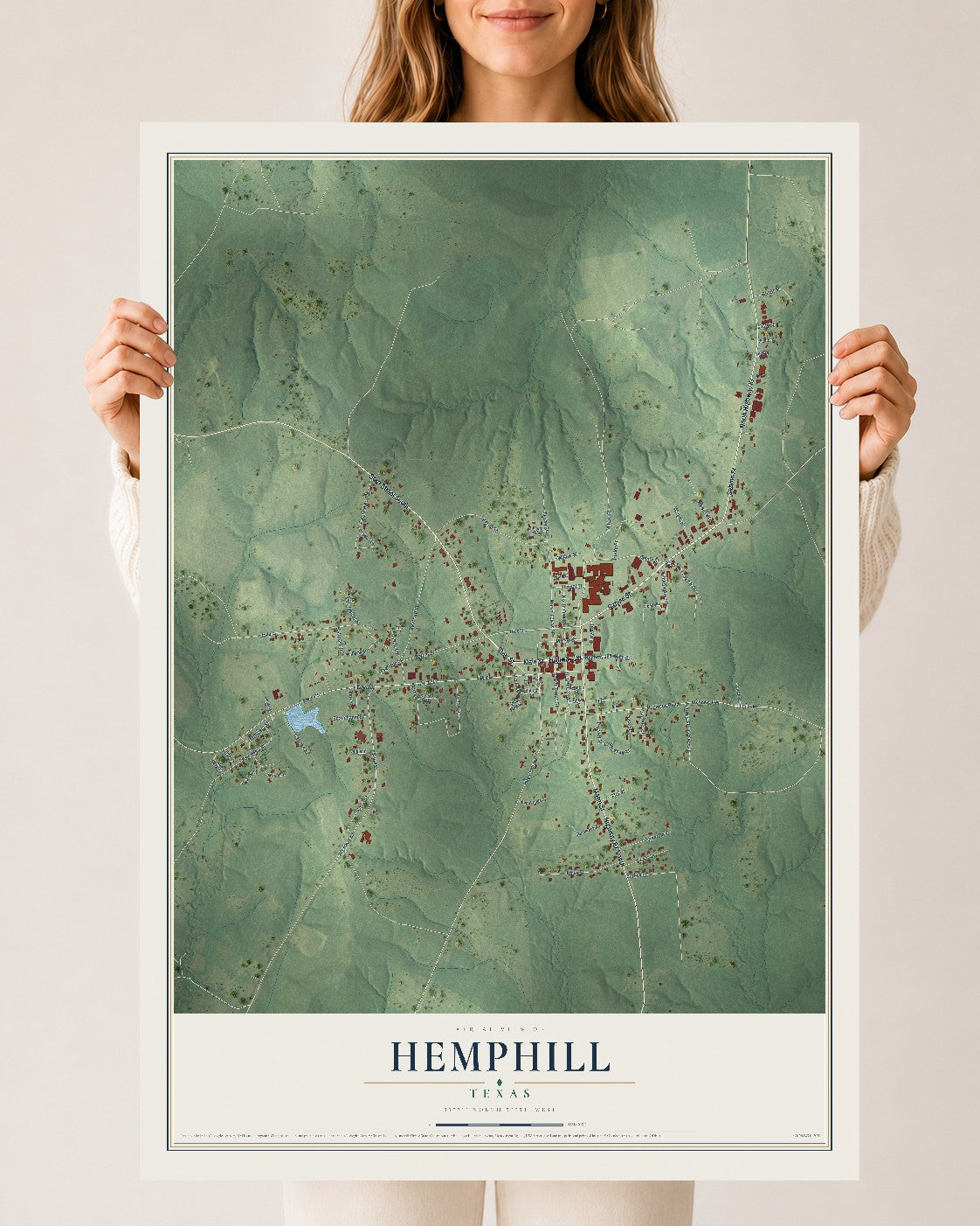 Map of Hemphill, Texas, 24 x 36 inch unframed archival matte print