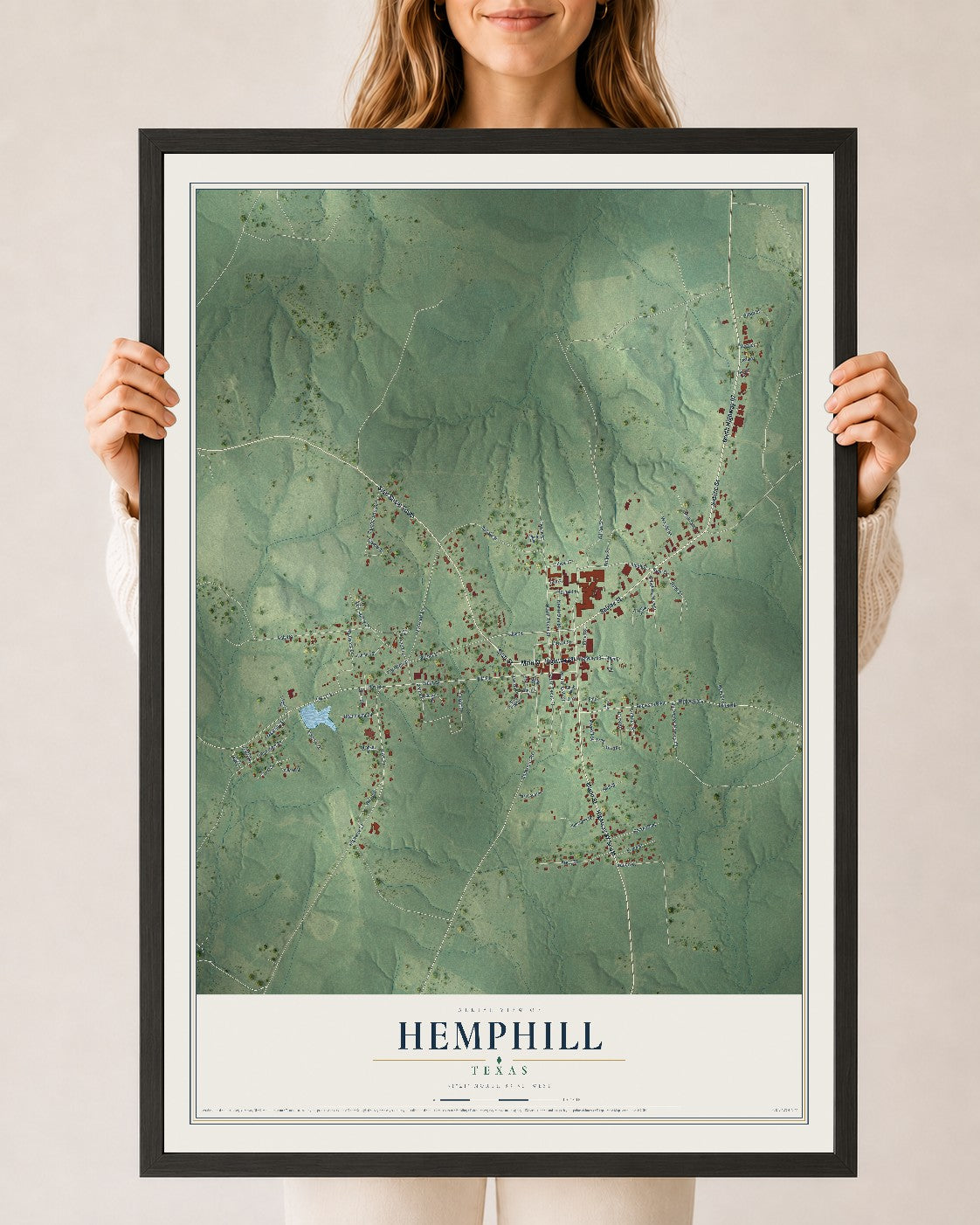 Map of Hemphill, Texas, 24 x 36 inch print in a black wood frame