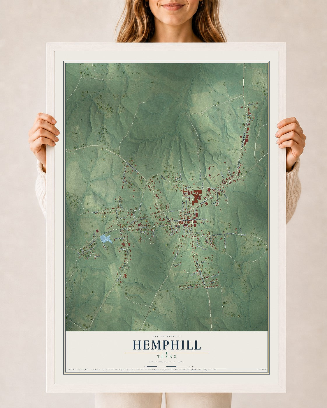 Map of Hemphill, Texas, 24 x 36 inch print in a white wood frame