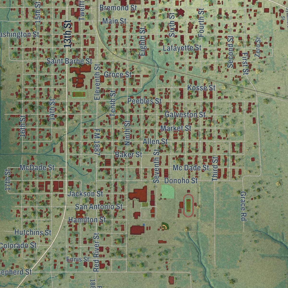 Close-up of the map of Hempstead, Texas print showing street and building detail