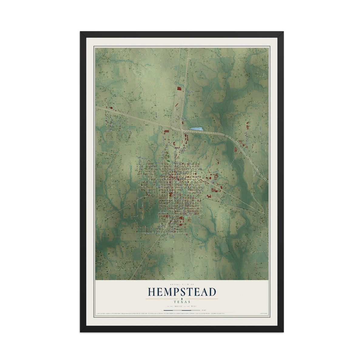 Map of Hempstead, Texas, 12 x 18 inch print in a black wood frame
