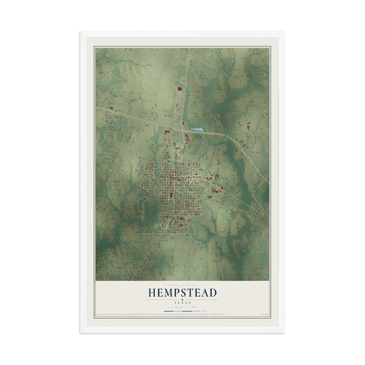 Map of Hempstead, Texas, 12 x 18 inch print in a white wood frame