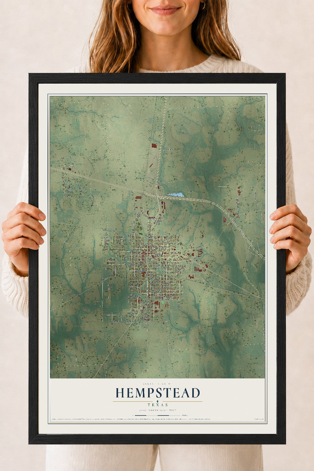 Map of Hempstead, Texas, 18 x 24 inch print in a black wood frame