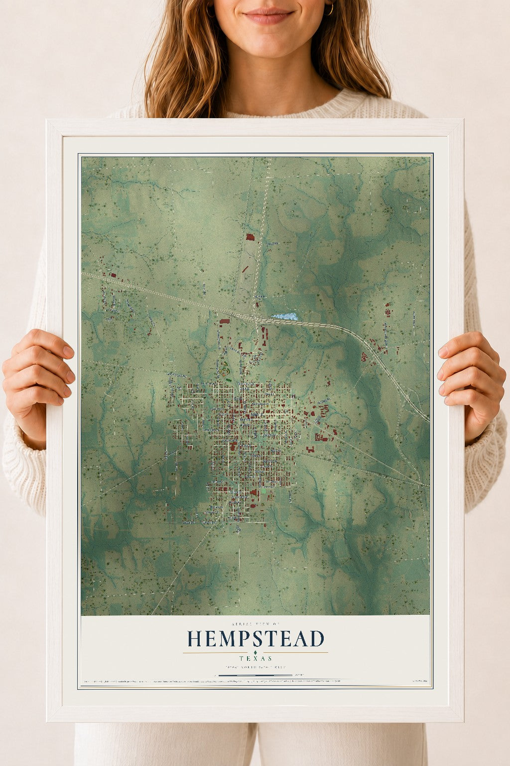 Map of Hempstead, Texas, 18 x 24 inch print in a white wood frame