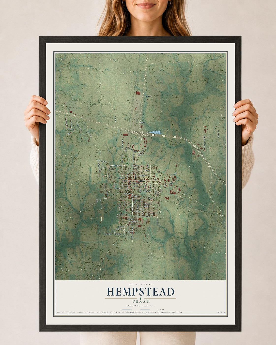 Map of Hempstead, Texas, 24 x 36 inch print in a black wood frame